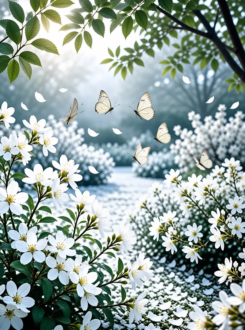 A group of white butterflies flutters amidst blooming white flowers and green leaves under soft light.