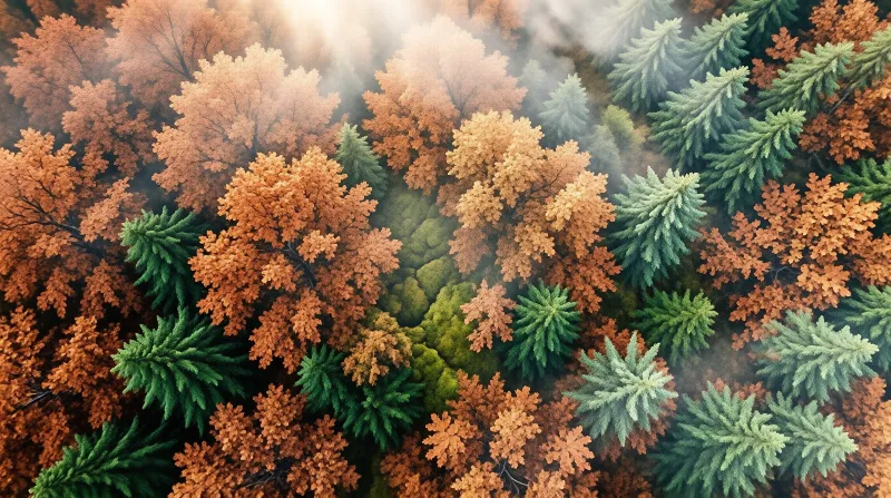 Aerial treetops blend fiery orange foliage with evergreen pines as mist curls through the forest.
