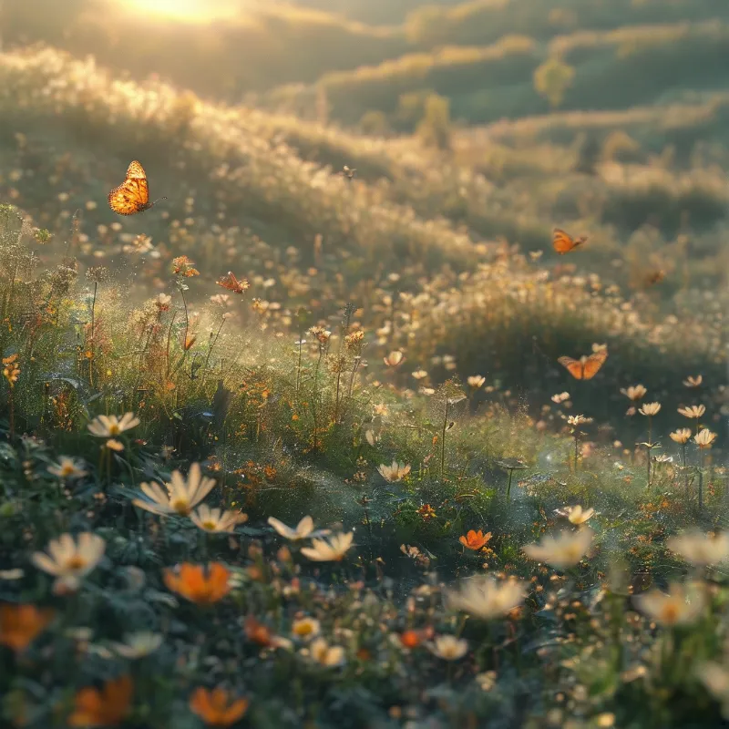 Orange butterflies fly above a lush meadow of white and orange wildflowers as golden sunlight illuminates the misty hills.