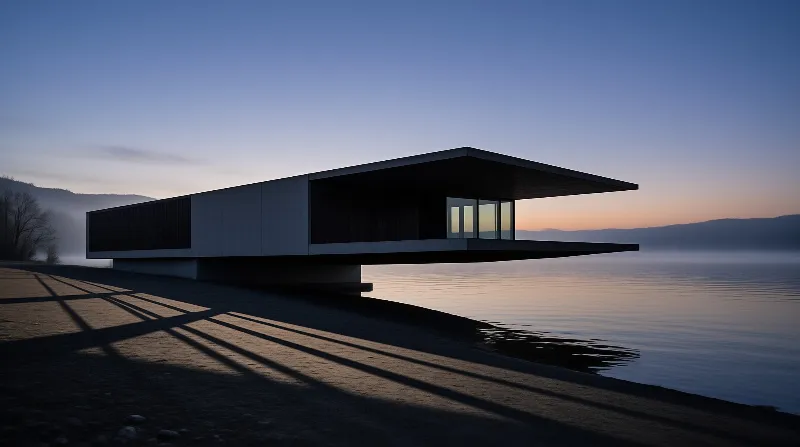 A modern cantilevered building extends over calm lake water during the blue hour with long shadows stretching across the sand