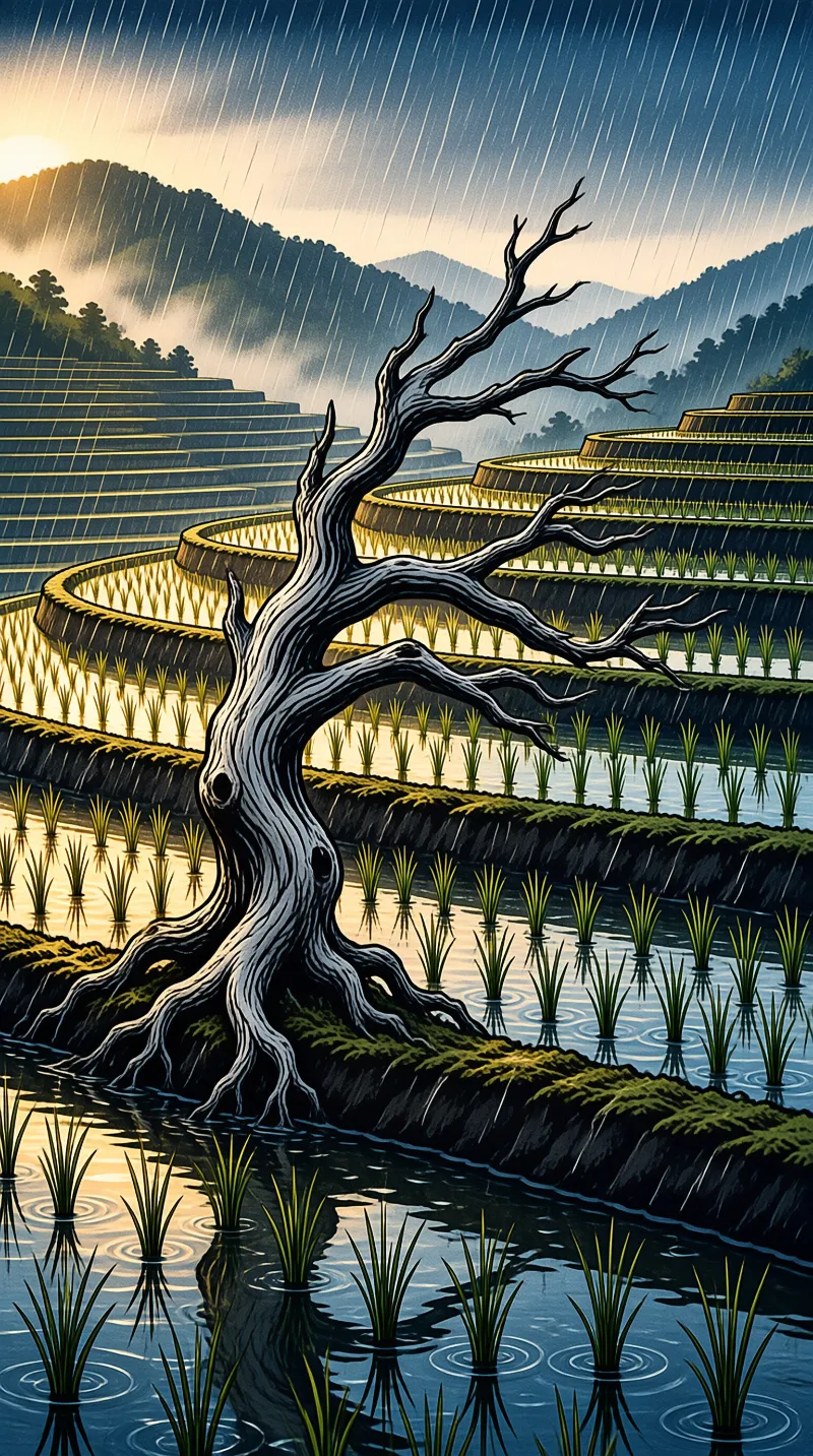 A gnarled tree stands on the bank of rice paddies under heavy rain with golden light in the distance.