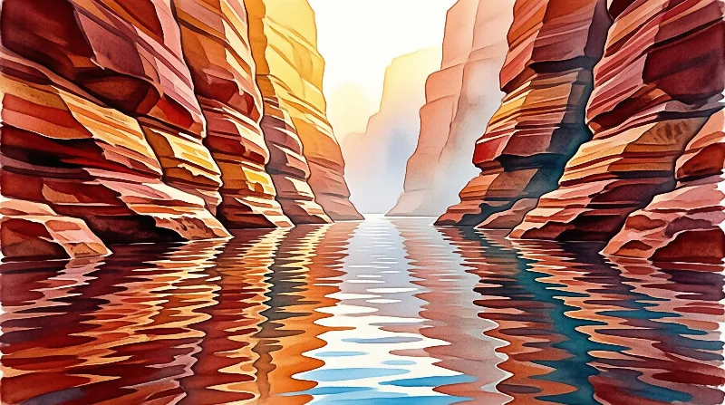 This illustration depicts a serene river flowing through a narrow canyon where towering rock walls display layers of red orange and brown hues while the calm water surface mirrors the vibrant colors of the cliffs and the bright light emanating from the distant opening creating a symmetrical composition that emphasizes 