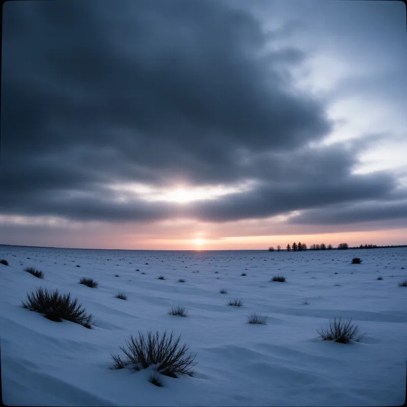 Wide snowfield with dark shrubs stretches toward horizon where sun shines through break in heavy clouds.