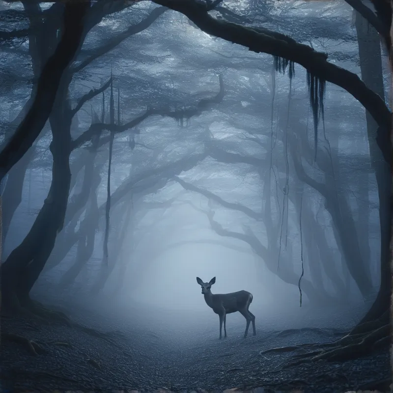 A lone deer pauses on a foggy path beneath arched mossy branches as silver light glows through the canopy.