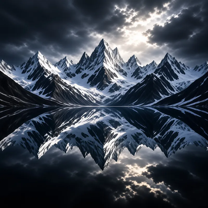 Sharp snow covered mountain peaks reflect perfectly in a dark lake beneath a dramatic cloudy sky.