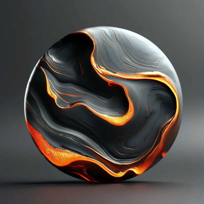 A dark orb wrapped in molten orange threads rests on a grey floor under soft studio light.