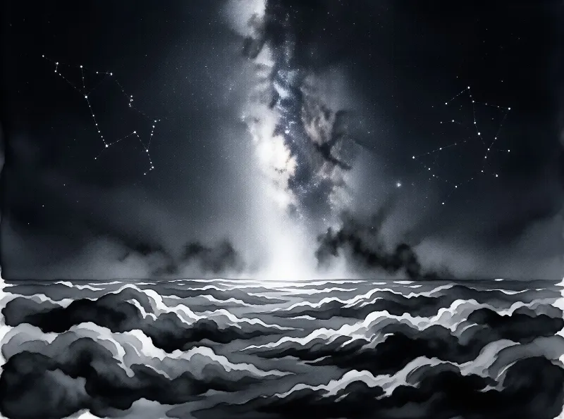 Black and white illustration of the Milky Way over layered dark rolling waves under a star filled night sky.