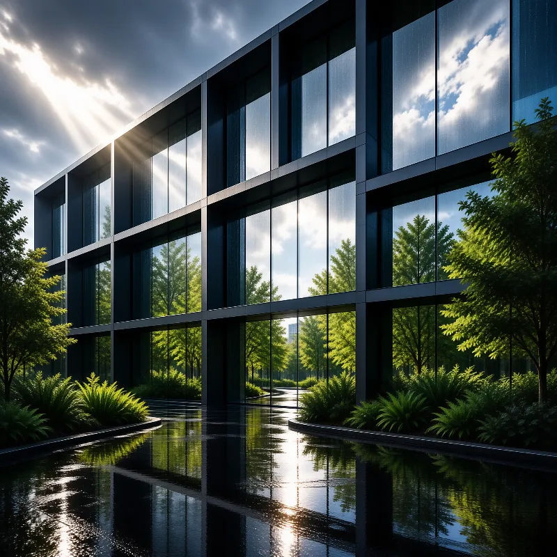 A modern glass building stands next to a wet water channel while dramatic sunlight breaks through the cloudy sky.
