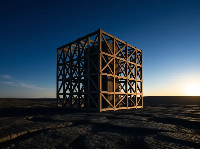A large open lattice cube of timber beams encloses a dark monolith on a cracked desert floor at dusk.