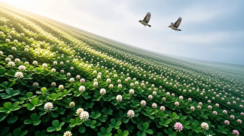 White and pink clover flowers cover a rolling green hill while two birds fly through the sunny sky.
