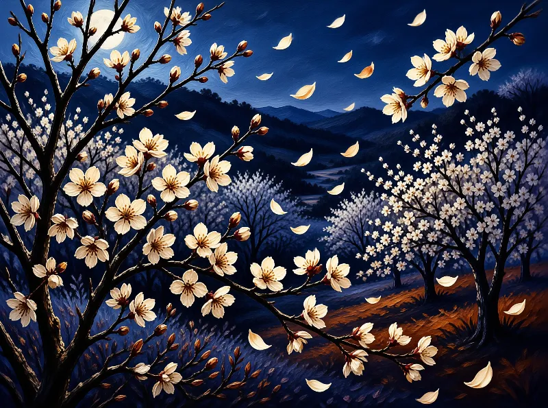 Painted branches of pale magnolia blossoms sway against an indigo night sky with a full moon and petals