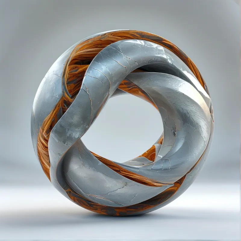 Polished silver and amber rings interlock into a looping abstract sculpture on a neutral backdrop.