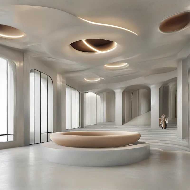 A smooth white interior curves into arches and steps, its ceiling punctuated by warm circular skylights.