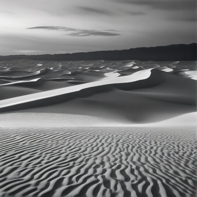 Grayscale desert landscape showing textured sand ripples leading to large dunes and dark mountains.