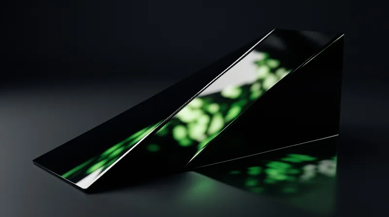 Dark glossy geometric panels lean together and reflect bright green plant shapes as soft blurred forms.