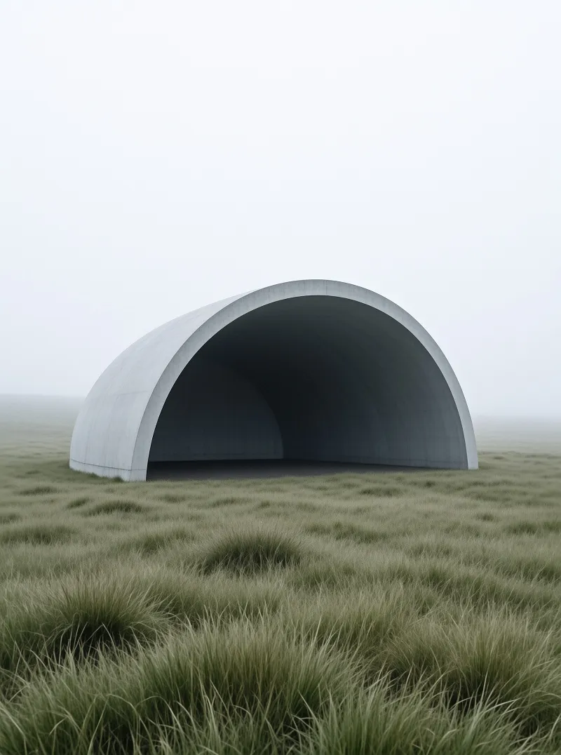 A large grey concrete tunnel stands alone in a vast field of green grass under a cloudy sky.