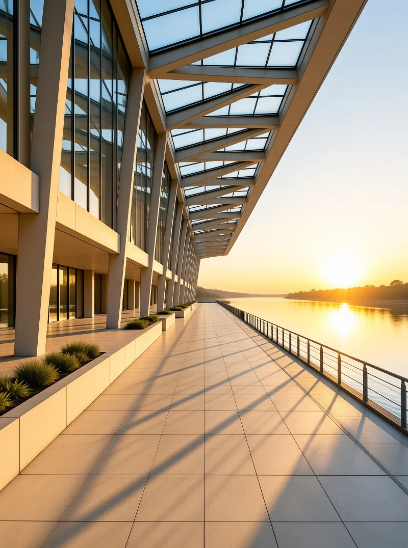 A long modern colonnade with a glass roof runs parallel to a calm river under the warm glow of a setting sun, casting long geometric shadows across the paved walkway and highlighting the angular concrete pillars and metal railings that separate the architecture from the water.