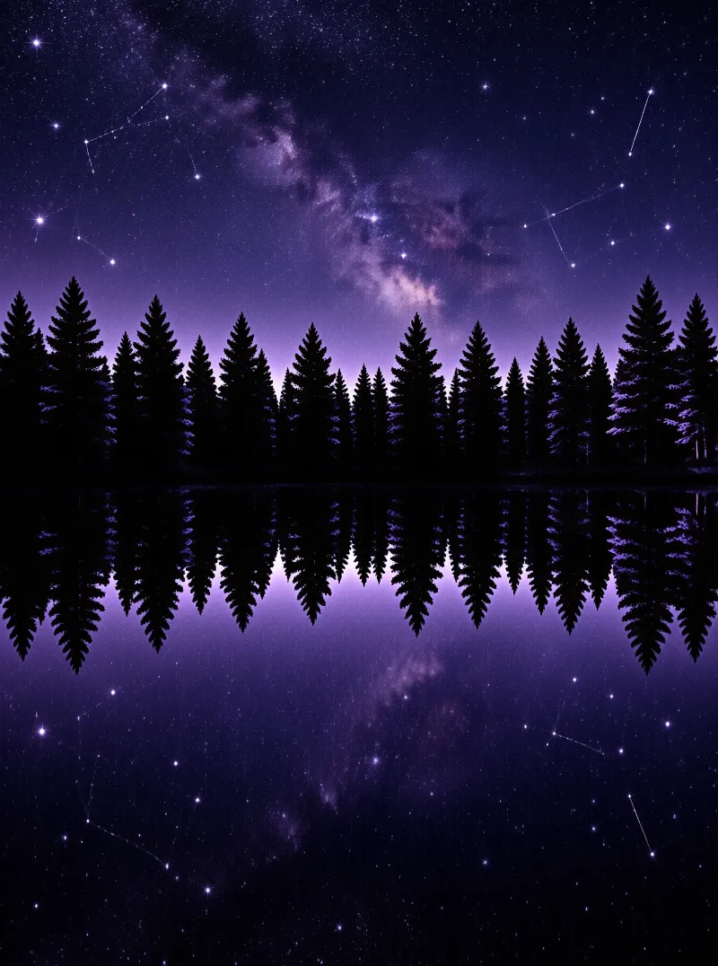 Dark coniferous trees silhouette against a vibrant purple galaxy while their reflection appears in the water below.