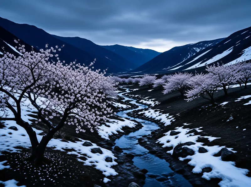 Pink flowering trees stand on either side of a winding stream flowing through a valley covered in patches of snow beneath dark mountains during the blue hour