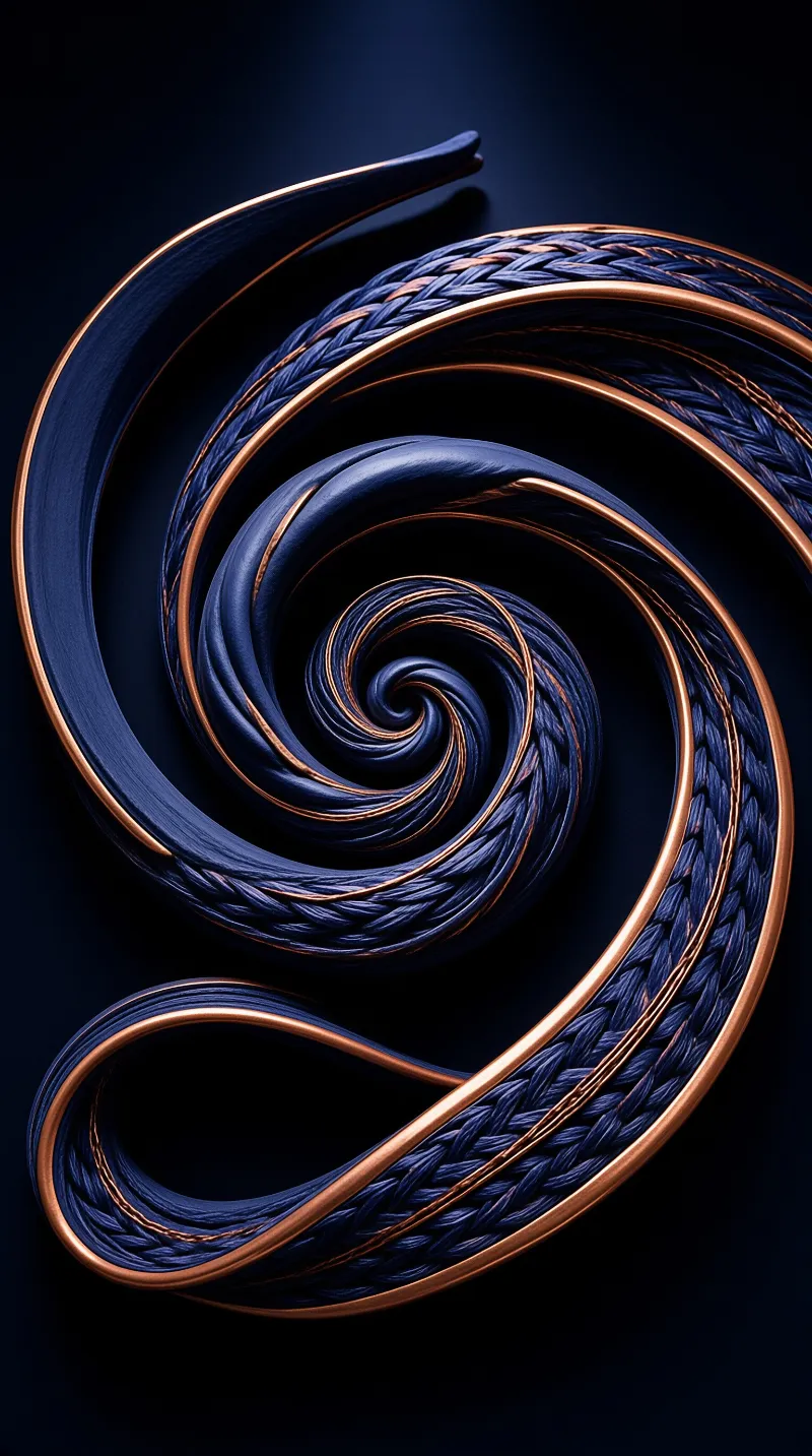 Twisted blue strands and shiny bronze trim create a swirling geometric pattern.
