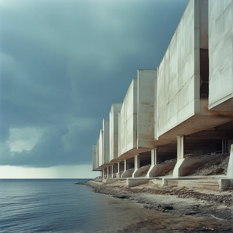 Massive cantilevered concrete sections extend over a rocky shoreline under a heavy overcast sky.