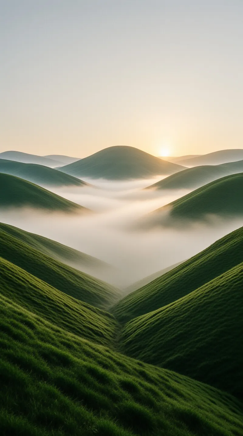 Lush green hills rise from a valley filled with thick white fog while the sun glows softly on the horizon.