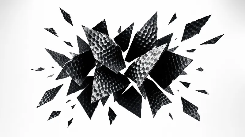 Jagged metal fragments with a honeycomb texture radiate outward in a dramatic burst of light and shadow.