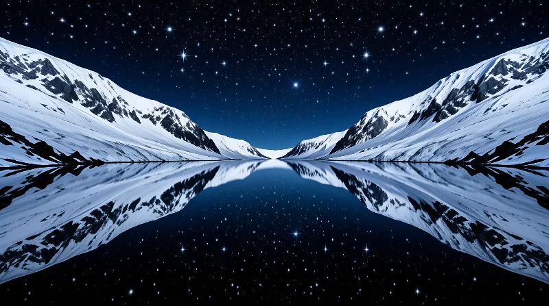 Snow-covered mountain peaks form a symmetrical view with their reflection in the calm lake beneath a starry night sky.
