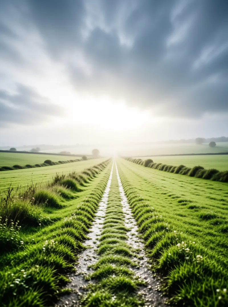 Two distinct tire tracks cut through a lush green field leading toward a bright light source on the horizon.
