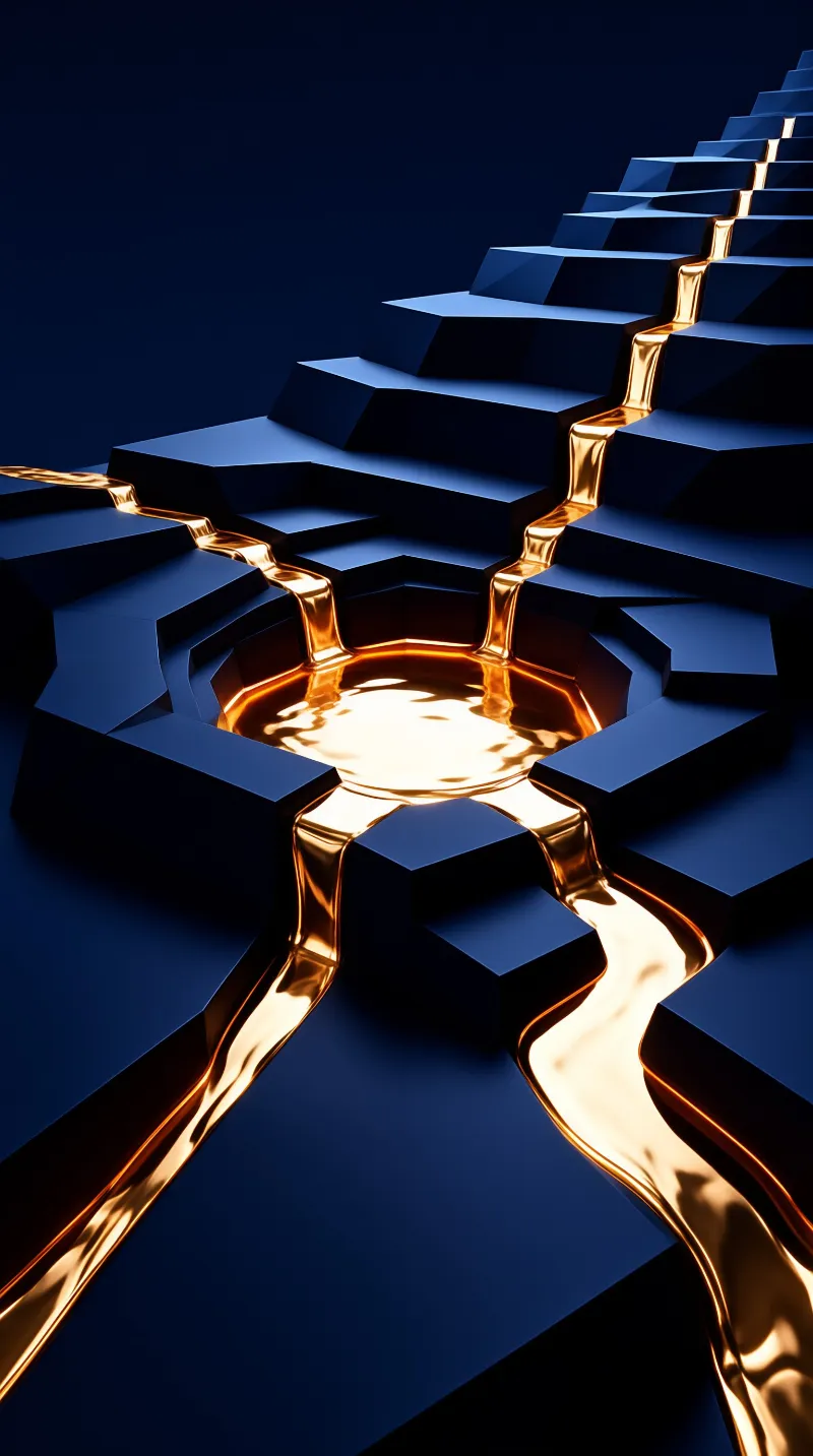 Glowing liquid gold flows down navy stepped terraces and pools in a crater in a 3D scene.