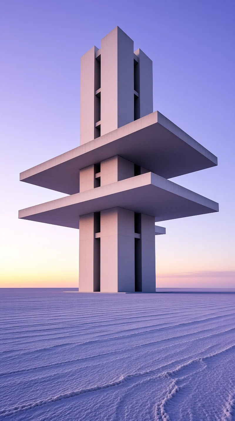 A tiered minimalist concrete monument stands on rippled white salt flats under a soft pastel sunrise sky.