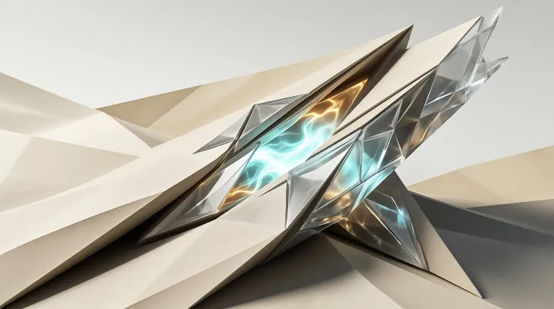 Angular beige structures frame a bright blue light glowing within transparent glass facets.