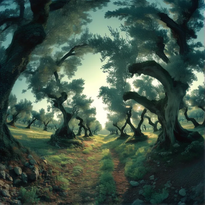 A path winds through ancient trees with twisted branches under a soft greenish sky with sunlight filtering through the foliage.