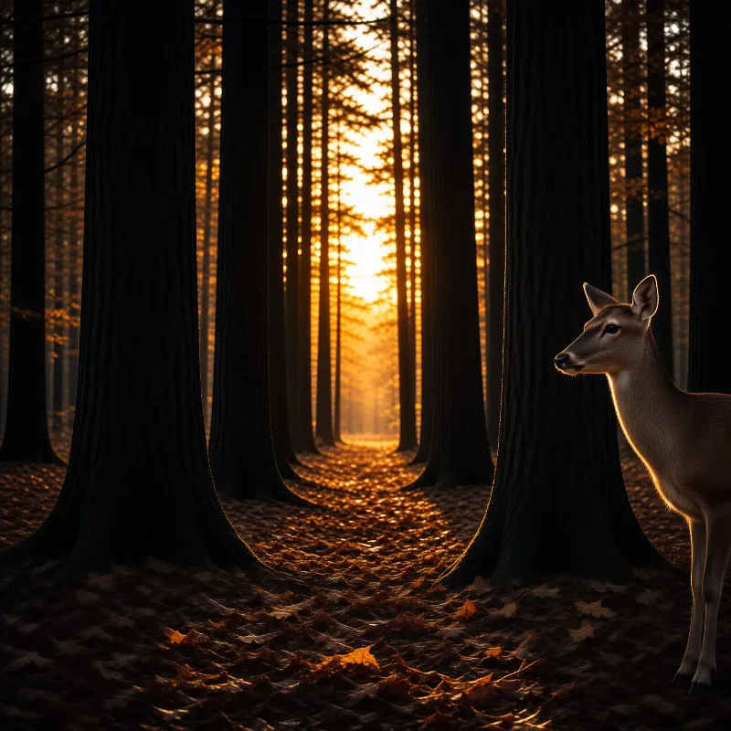 A young deer pauses at the edge of a tall pine wood as low golden sun floods the leaf-covered forest floor.