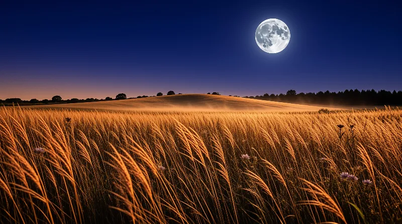 A vast wheat field stretches beneath a deep blue night sky illuminated by a large bright full moon.