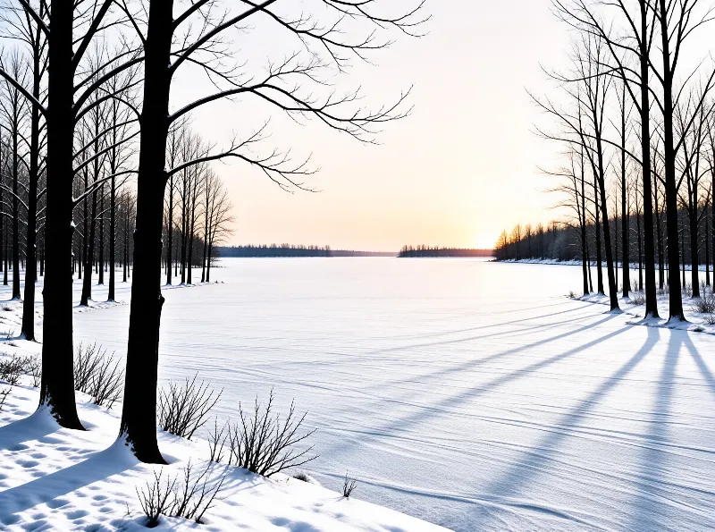 Bare black trees flank a snow covered frozen lake while the low winter sun casts long blue shadows across the white expanse
