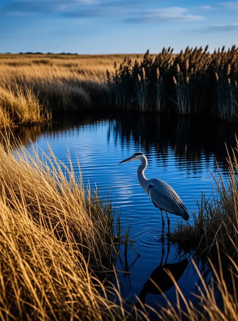 A great blue heron stands motionless in calm blue water surrounded by sunlit golden reeds beneath a clear sky