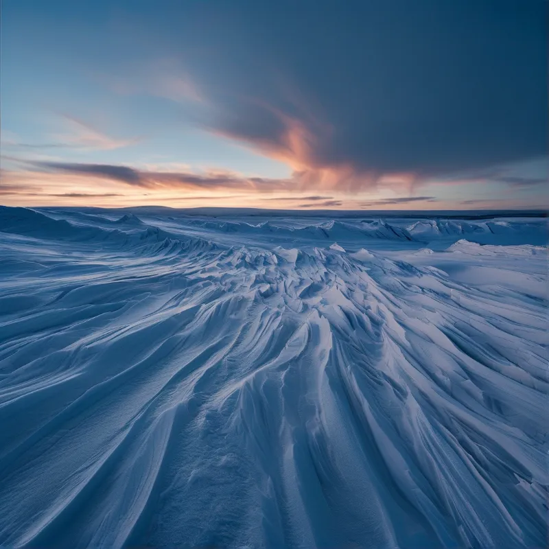 Extensive blue snow dunes stretch across the landscape beneath a sky painted with pink and orange hues.