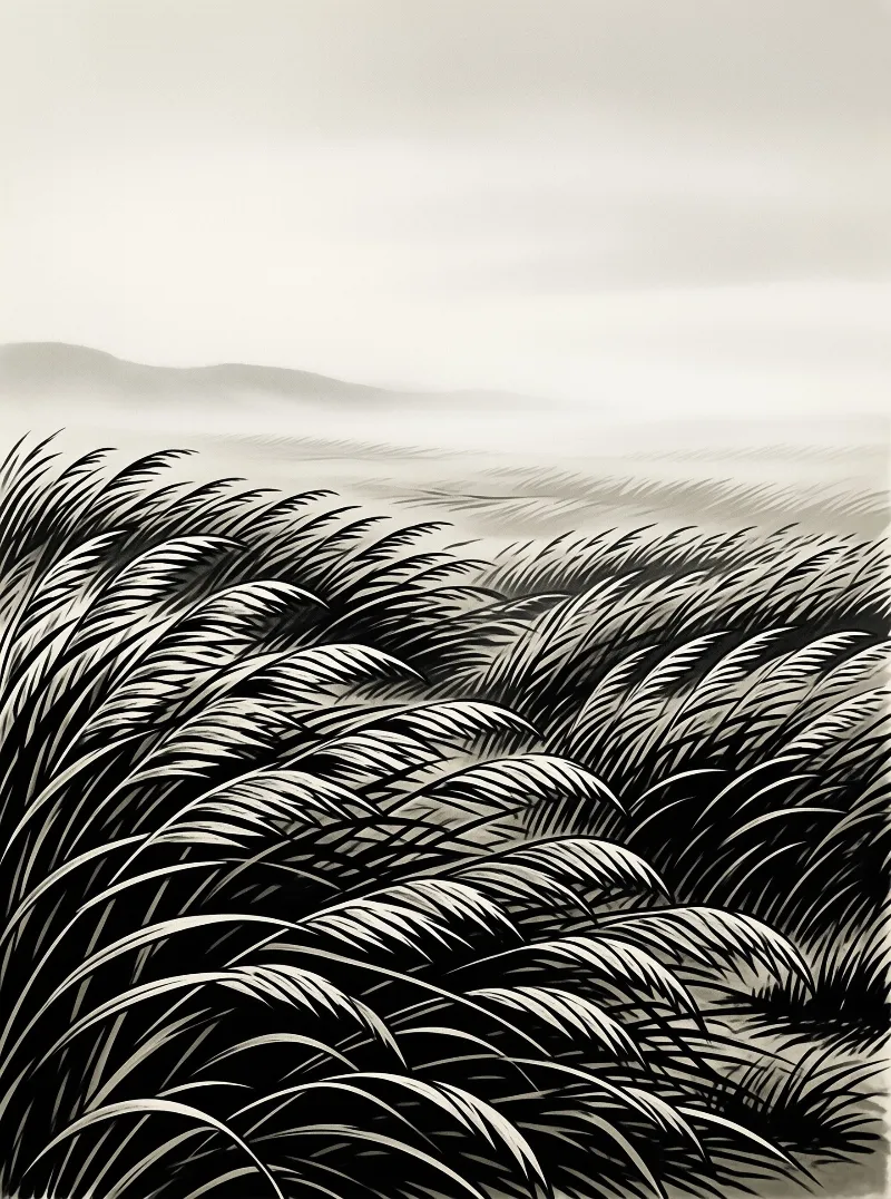 Monochrome illustration of wind swept tall grasses in the foreground, hazy low mountains fade far off under an overcast sky.