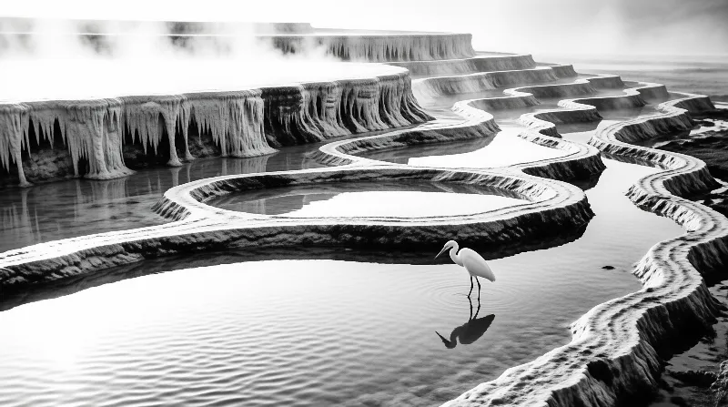 A white heron wades in calm water within curved stone terraces while mist rises in the background of this monochrome scene.