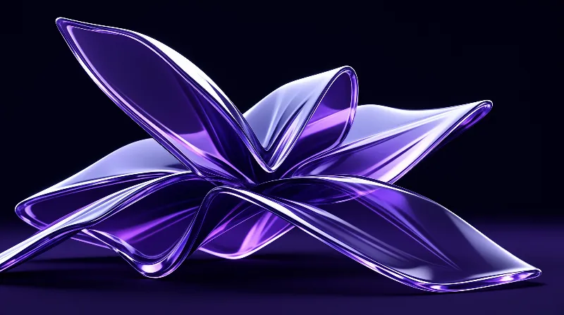 A glossy purple shape resembling a stylized flower rests in a dark void with sharp reflections.