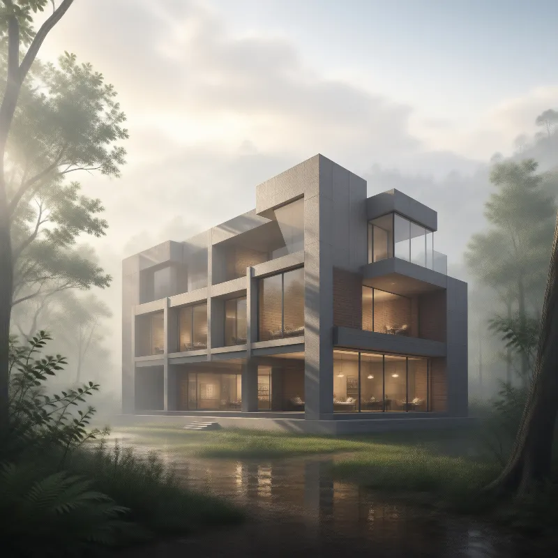 Modern Villa in Misty Forest