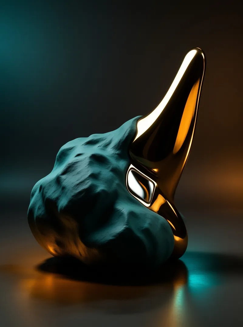 An abstract object combines a rough blue surface and a smooth metallic gold protrusion against a dark blurred background.