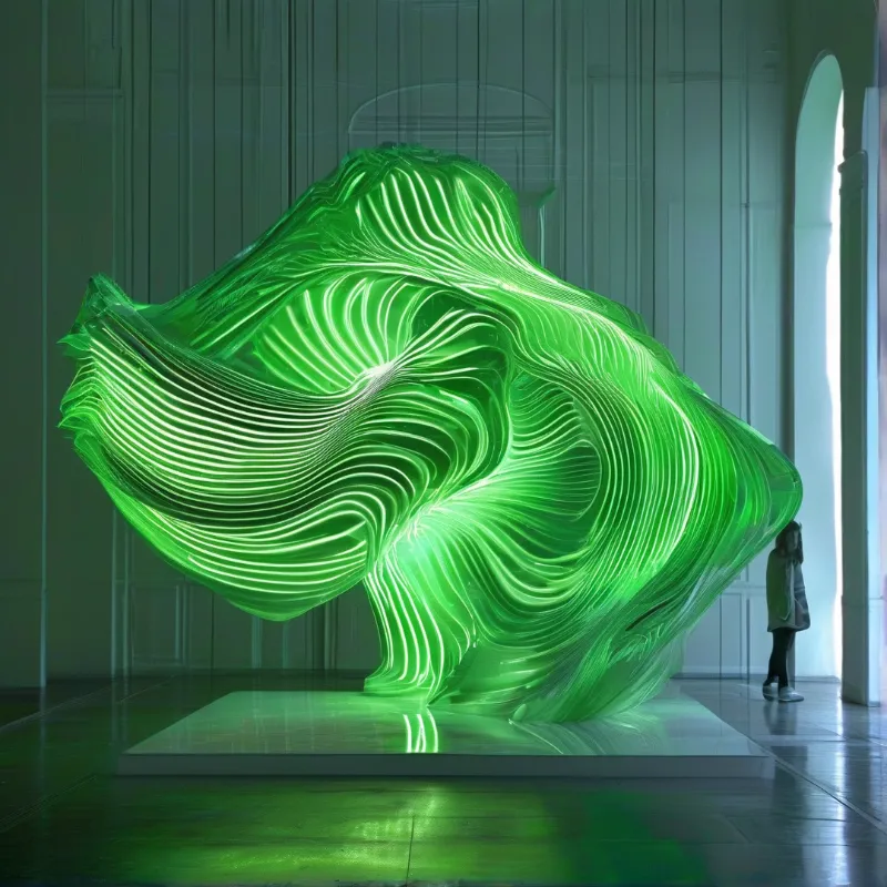 A large glowing green art piece rests on a white platform within a classical interior with a visitor observing it.