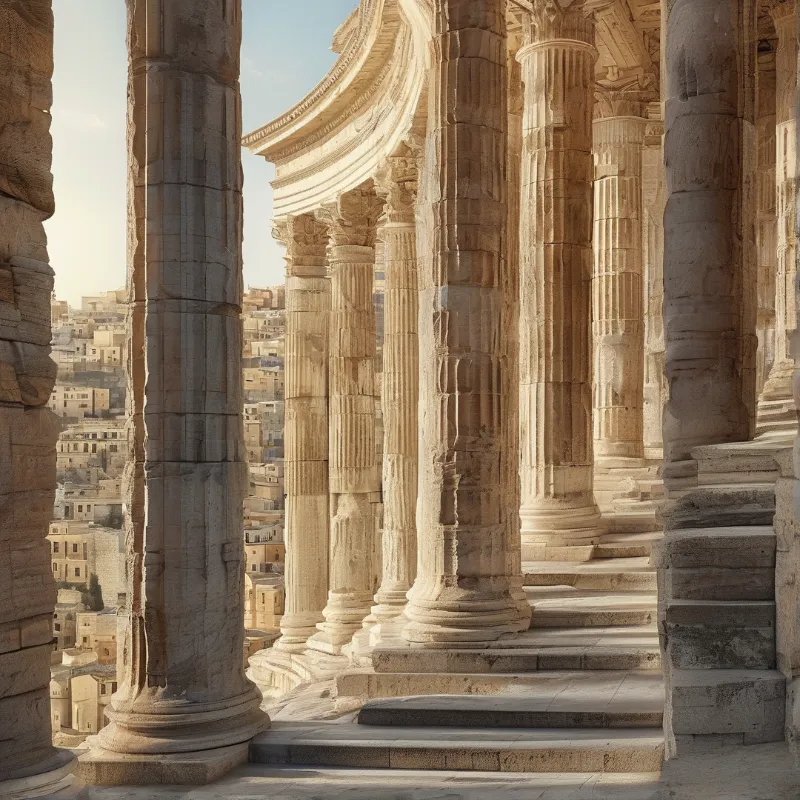 Massive ancient pillars frame a sunlit view of a dense hillside city made of tan stone buildings.