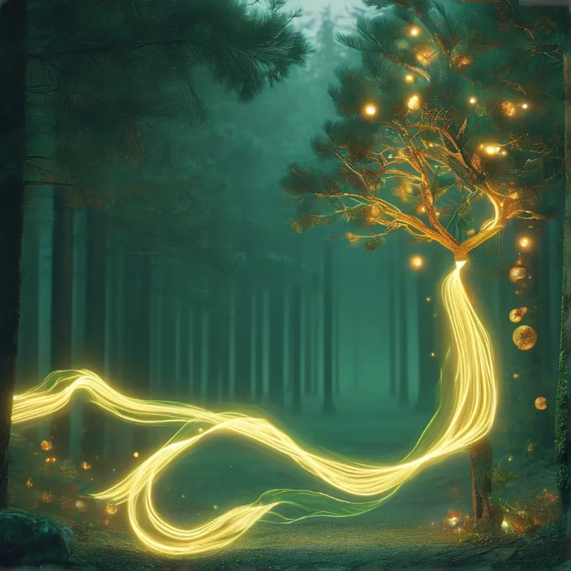 A luminous organic form resembling a branch casts golden light trails across a foggy pine forest.