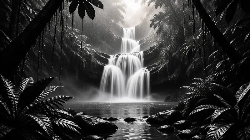 Monochrome tiered jungle waterfall cascades into a pool, framed by lush tropical foliage, sunbeams pierce the forest canopy.