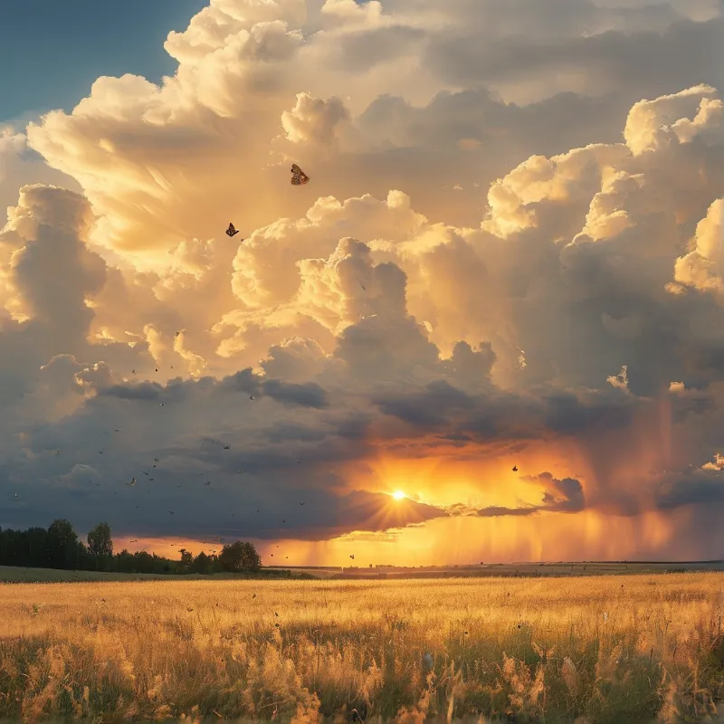 A wide field of tall grass stretches towards the horizon where sunlight bursts through heavy clouds.