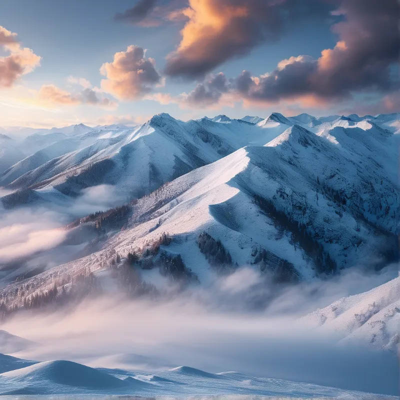 A white mountain range stretches beneath a sky filled with pink clouds while thick fog drifts through the low valleys.