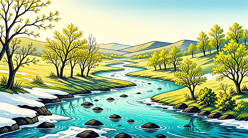 Stylized artwork depicting a turquoise stream flowing through hills with yellow foliage and lingering snow banks.